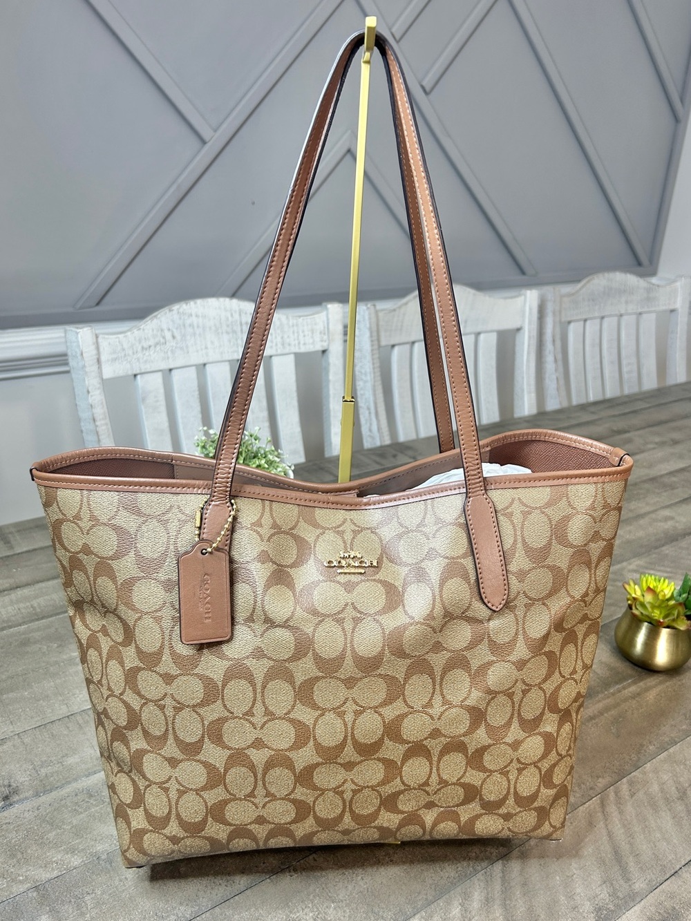 Coach 5696 Signature Canvas City Tote Bag Khaki Saddle Brown Leather